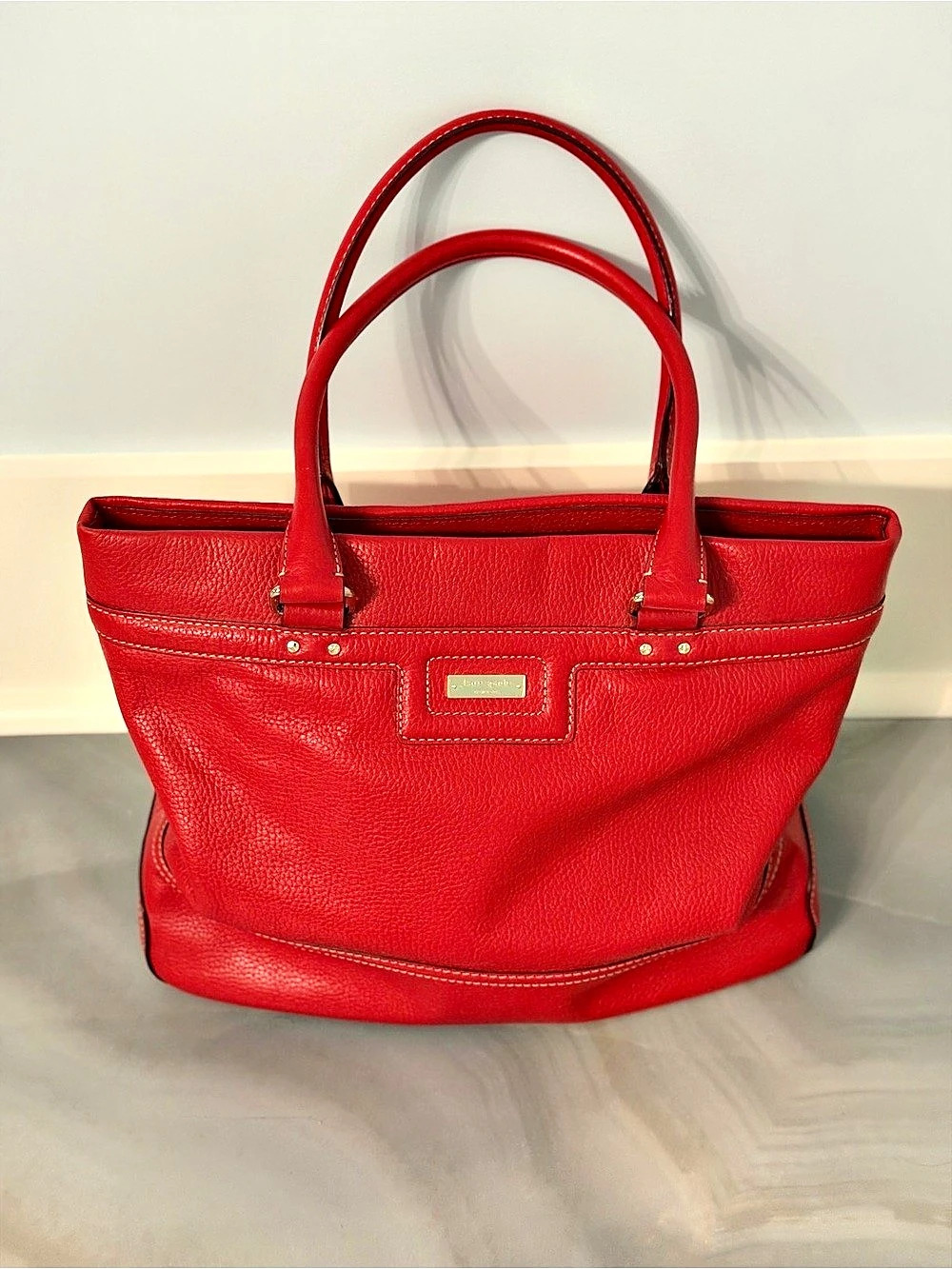 Kate Spade New York Red Pebbled Leather Tote Gold Logo Double Handle